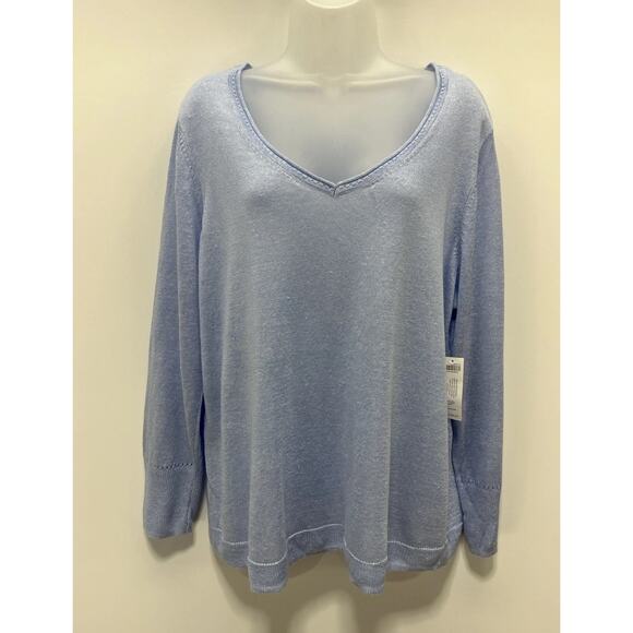 NWT Chicos Pullover Lightweight V Neck Linen Sweater Norwegian Blue Size 2P LP - Picture 1 of 8